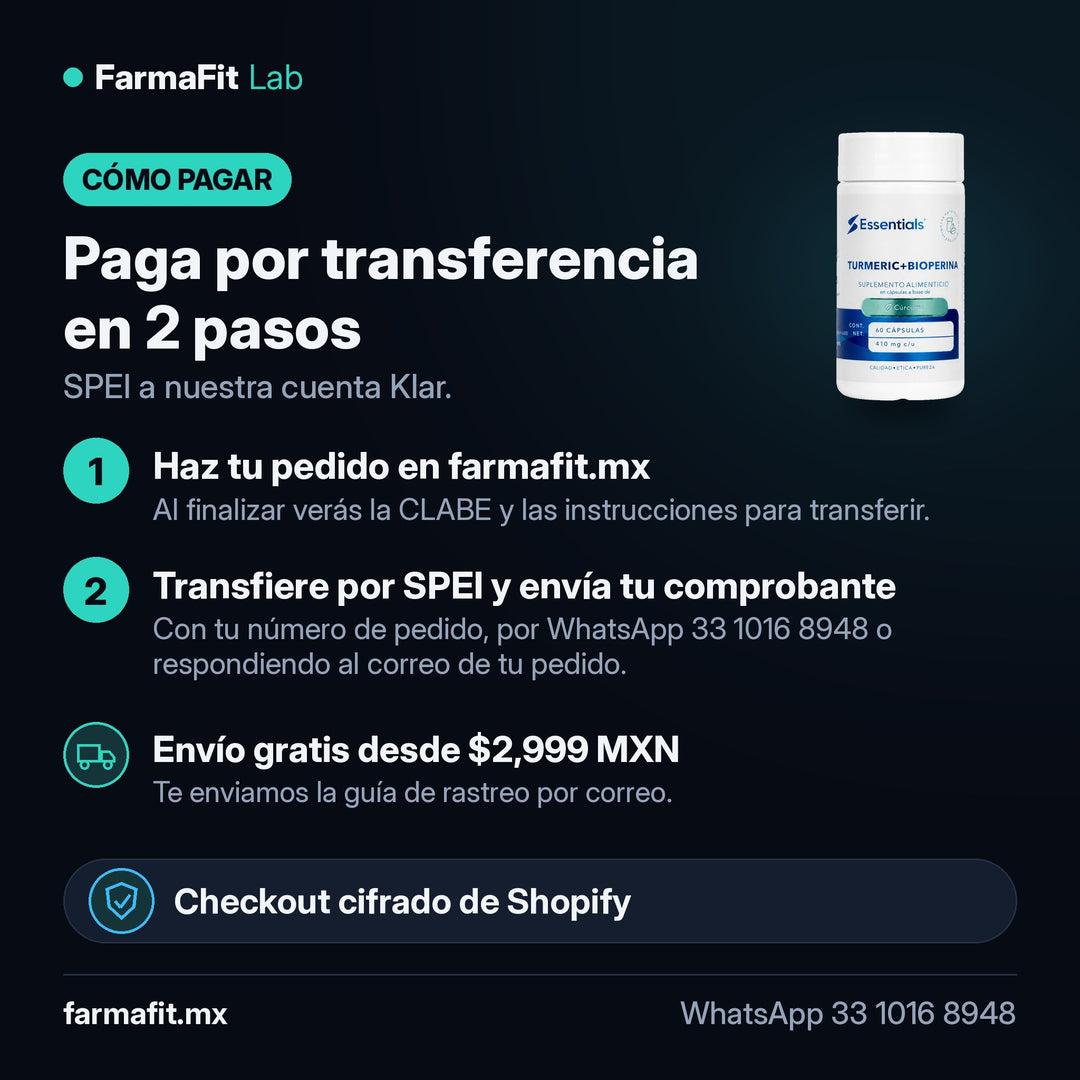 Cómo pagar por transferencia SPEI: Cúrcuma + BioPerina 375mg 60 Cápsulas - ESSENTIALS – FarmaFit