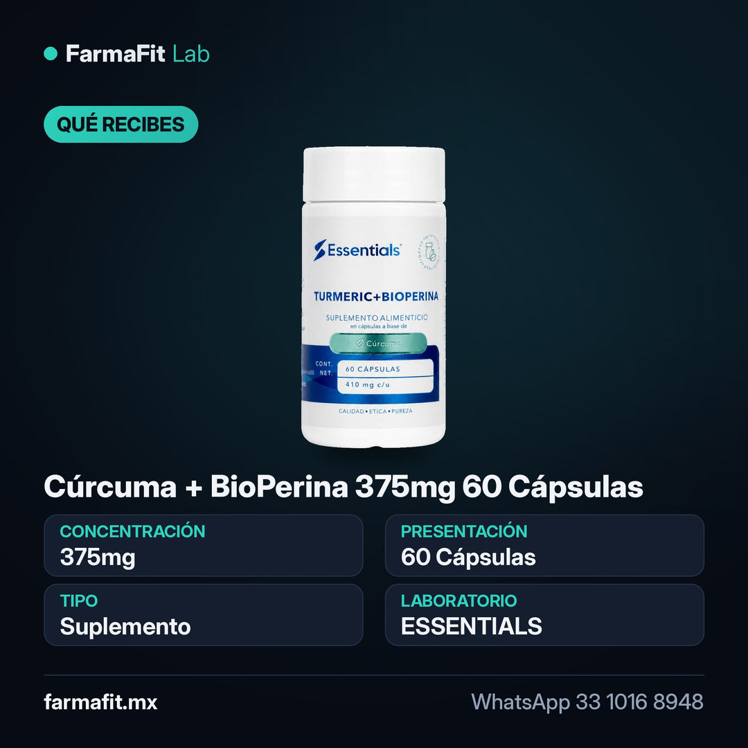 Qué recibes: Cúrcuma + BioPerina 375mg 60 Cápsulas - ESSENTIALS