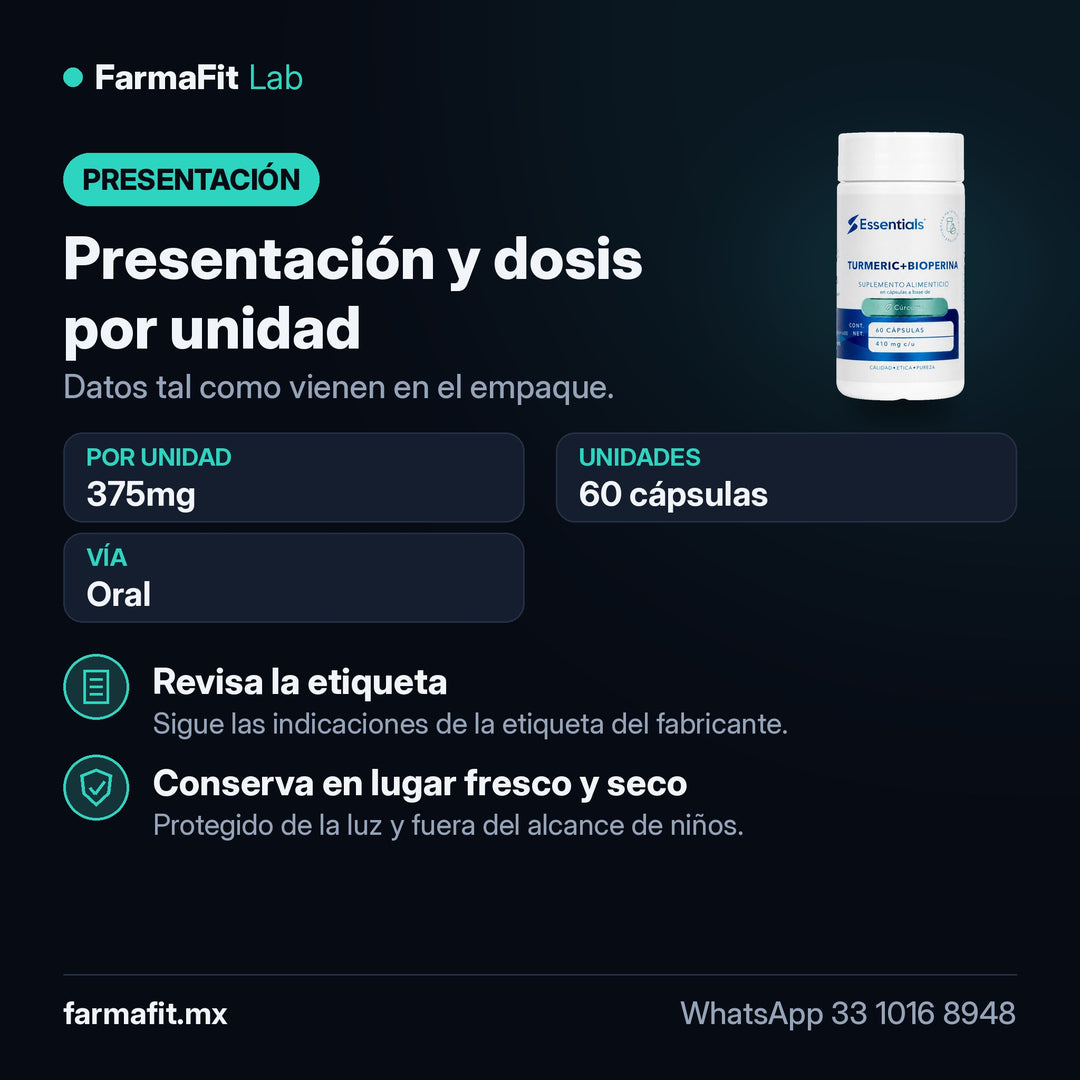 Presentación y dosis por unidad: Cúrcuma + BioPerina 375mg 60 Cápsulas - ESSENTIALS