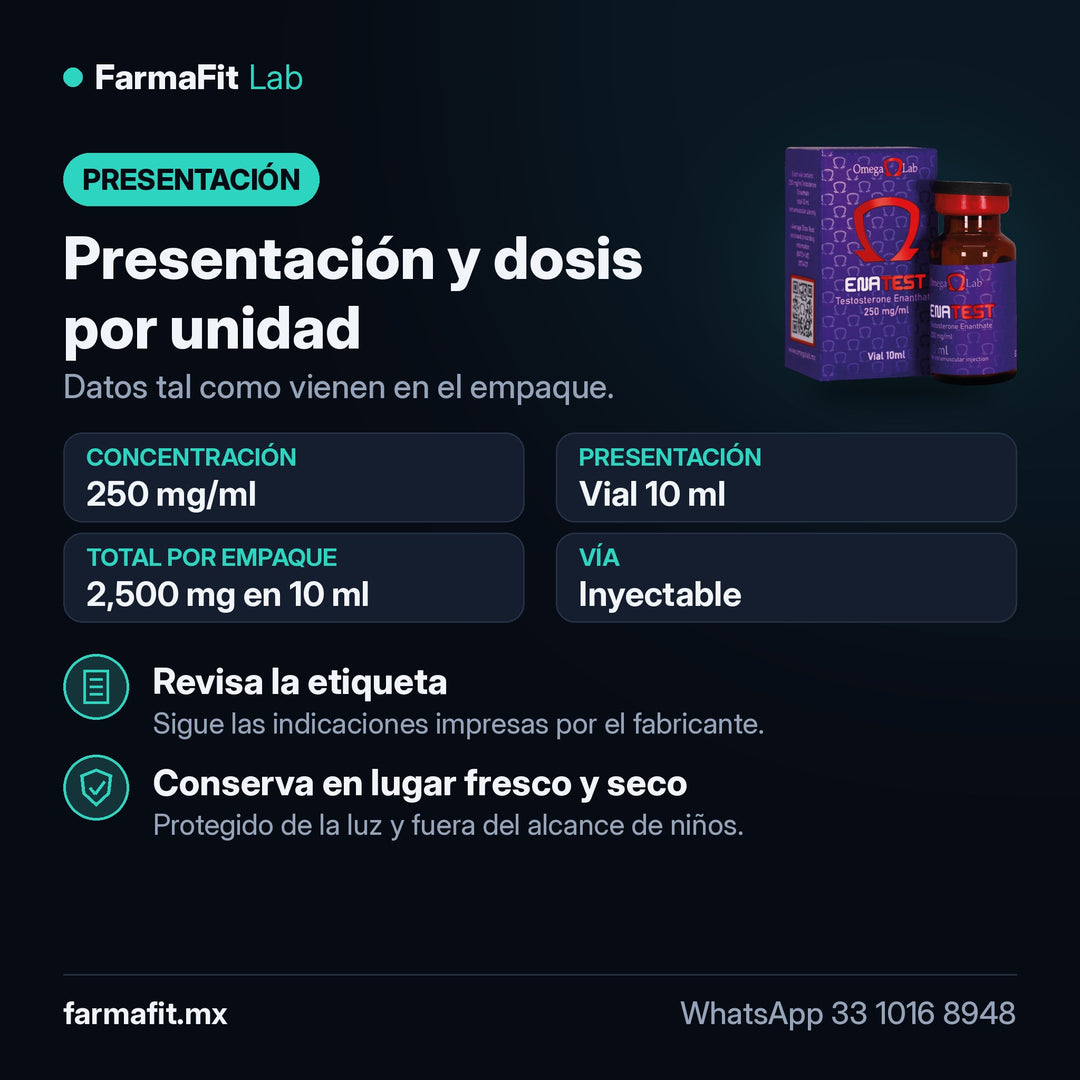 Presentación y dosis por unidad: Enantato de Testosterona 250 mg/ml Ena-Test Vial 10 ml - OMEGA LAB
