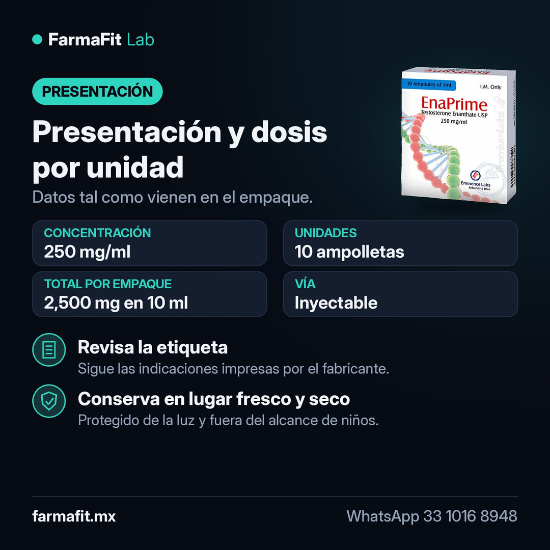 Presentación y dosis por unidad: Enantato de Testosterona 250 mg/ml EnaPrime 10 Ampolletas de 1 ml - EMINENCE LABS