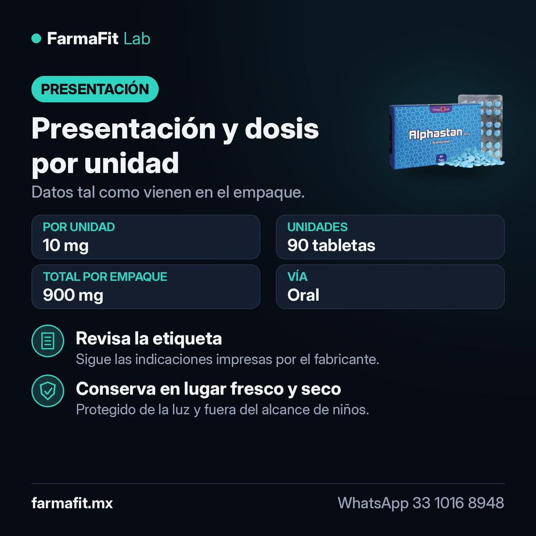 Presentación y dosis por unidad: Estanozolol 10 mg Alphastan 90 Tabletas - OMEGA LAB