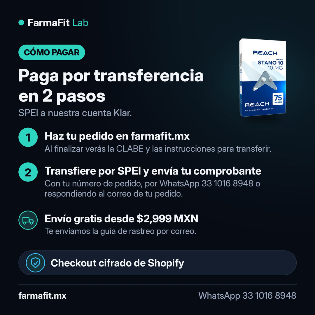 Cómo pagar por transferencia SPEI: Estanozolol 10 mg Stano 10 75 Tabletas - REACH PHARMACEUTICAL – FarmaFit