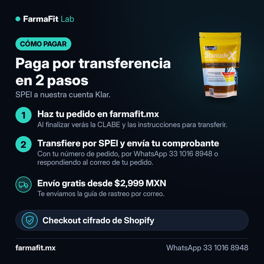 Cómo pagar por transferencia SPEI: Estanozolol 10 mg Stanodex Oral 100 Tabletas - SCIROXX – FarmaFit