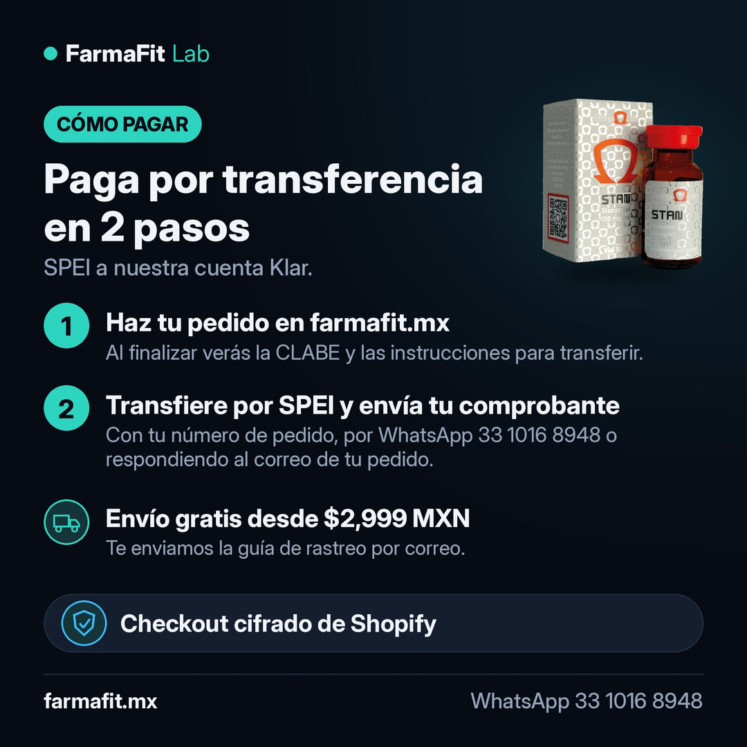 Cómo pagar por transferencia SPEI: Estanozolol inyectable 100 mg/ml Stan Vial 10 ml - OMEGA LAB – FarmaFit