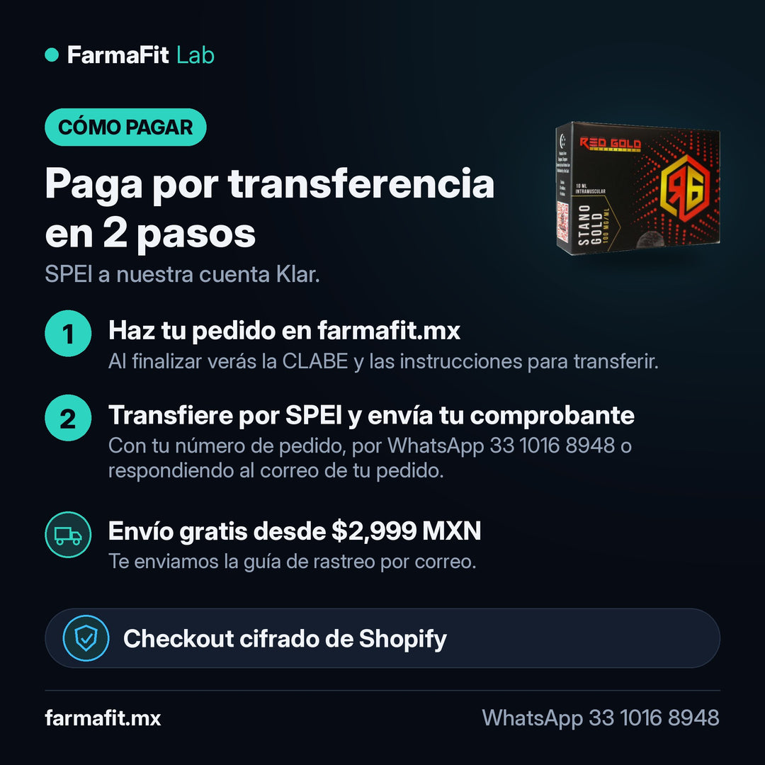 Cómo pagar por transferencia SPEI: Estanozolol inyectable 100 mg/ml Stano Gold Vial 10 ml - RED GOLD – FarmaFit