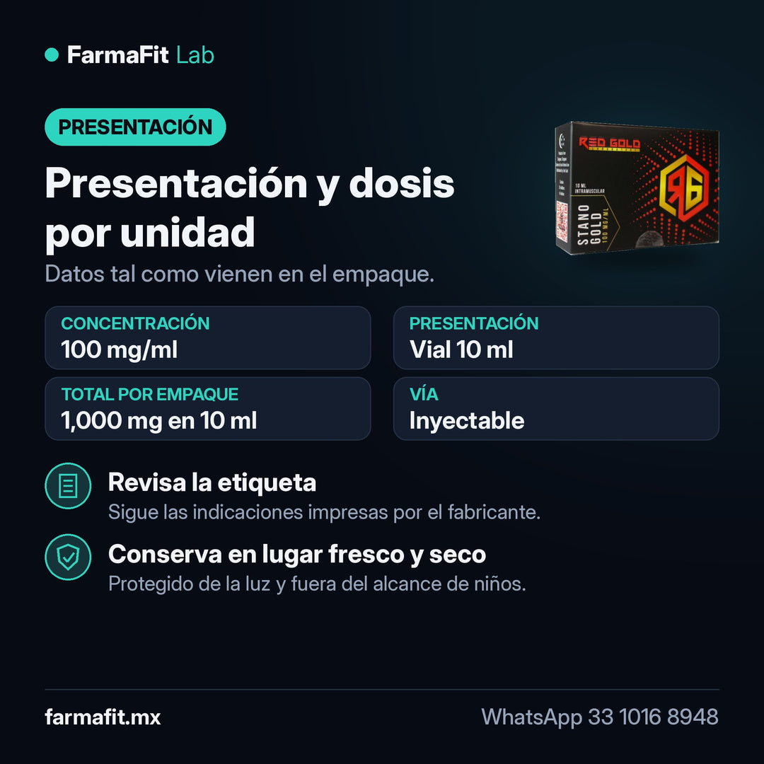 Presentación y dosis por unidad: Estanozolol inyectable 100 mg/ml Stano Gold Vial 10 ml - RED GOLD