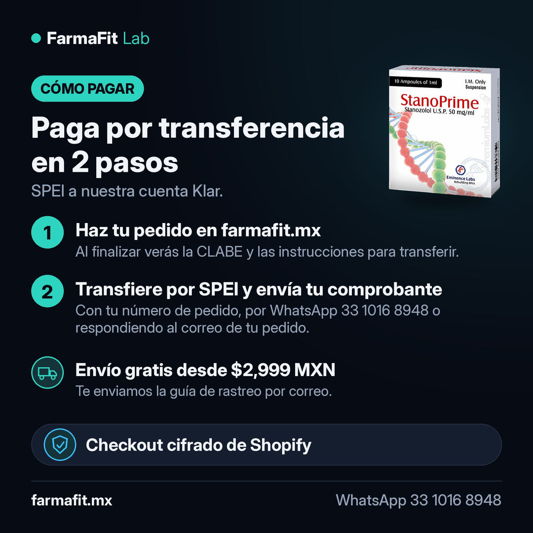 Cómo pagar por transferencia SPEI: Estanozolol inyectable 50 mg/ml StanoPrime 10 Ampolletas de 1 ml - EMINENCE LABS – FarmaFit