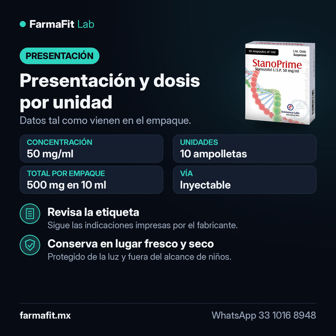 Presentación y dosis por unidad: Estanozolol inyectable 50 mg/ml StanoPrime 10 Ampolletas de 1 ml - EMINENCE LABS