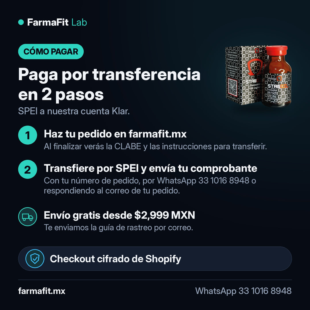 Cómo pagar por transferencia SPEI: Estanozolol oleoso 100 mg/ml Stanoil Vial 20 ml - OMEGA LAB – FarmaFit