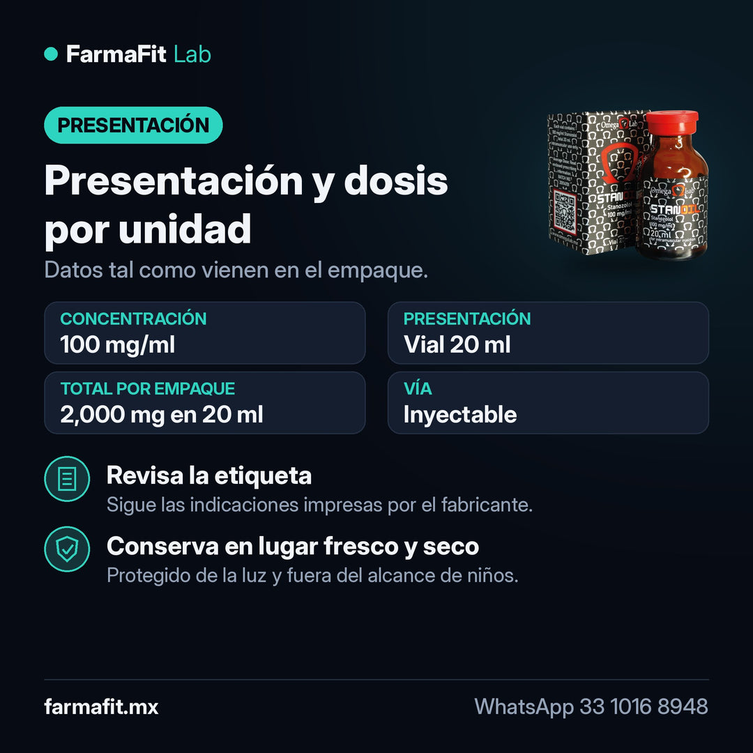 Presentación y dosis por unidad: Estanozolol oleoso 100 mg/ml Stanoil Vial 20 ml - OMEGA LAB