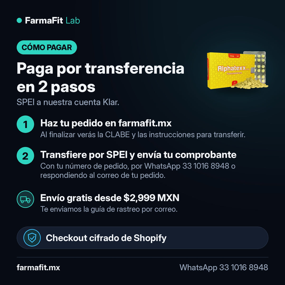 Cómo pagar por transferencia SPEI: Fluoximesterona 10 mg Alphatexx 60 Tabletas - OMEGA LAB – FarmaFit