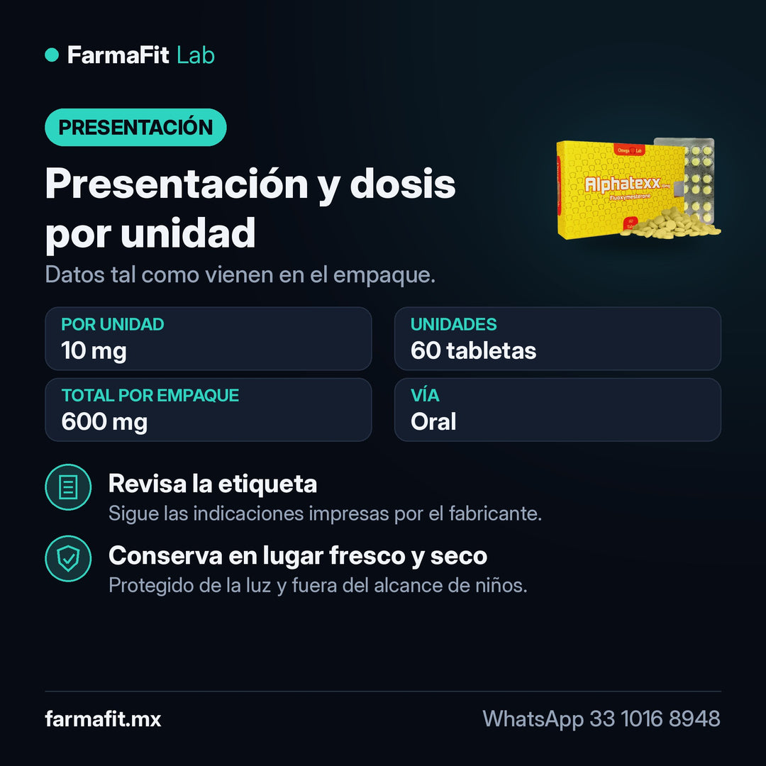 Presentación y dosis por unidad: Fluoximesterona 10 mg Alphatexx 60 Tabletas - OMEGA LAB