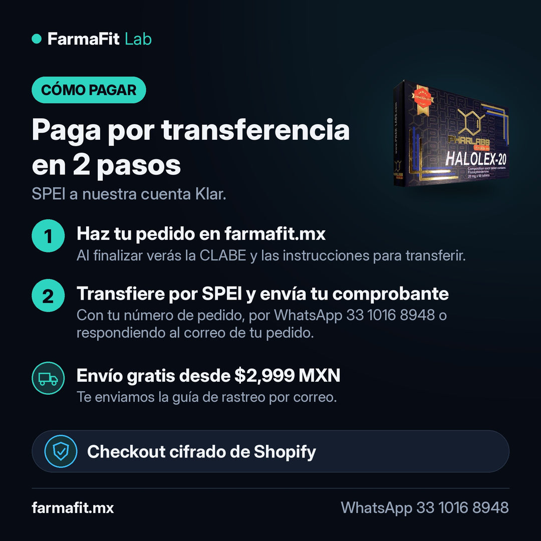 Cómo pagar por transferencia SPEI: Fluoximesterona Halotestin 20mg Halolex 60 Tabs - PHAR LABS PREMIUM – FarmaFit