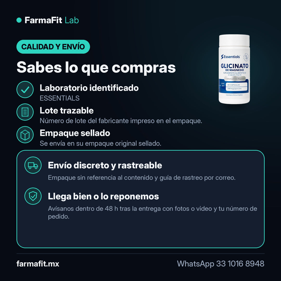 Calidad y envío: Glicinato de Magnesio 500mg 60 Cápsulas - ESSENTIALS – FarmaFit