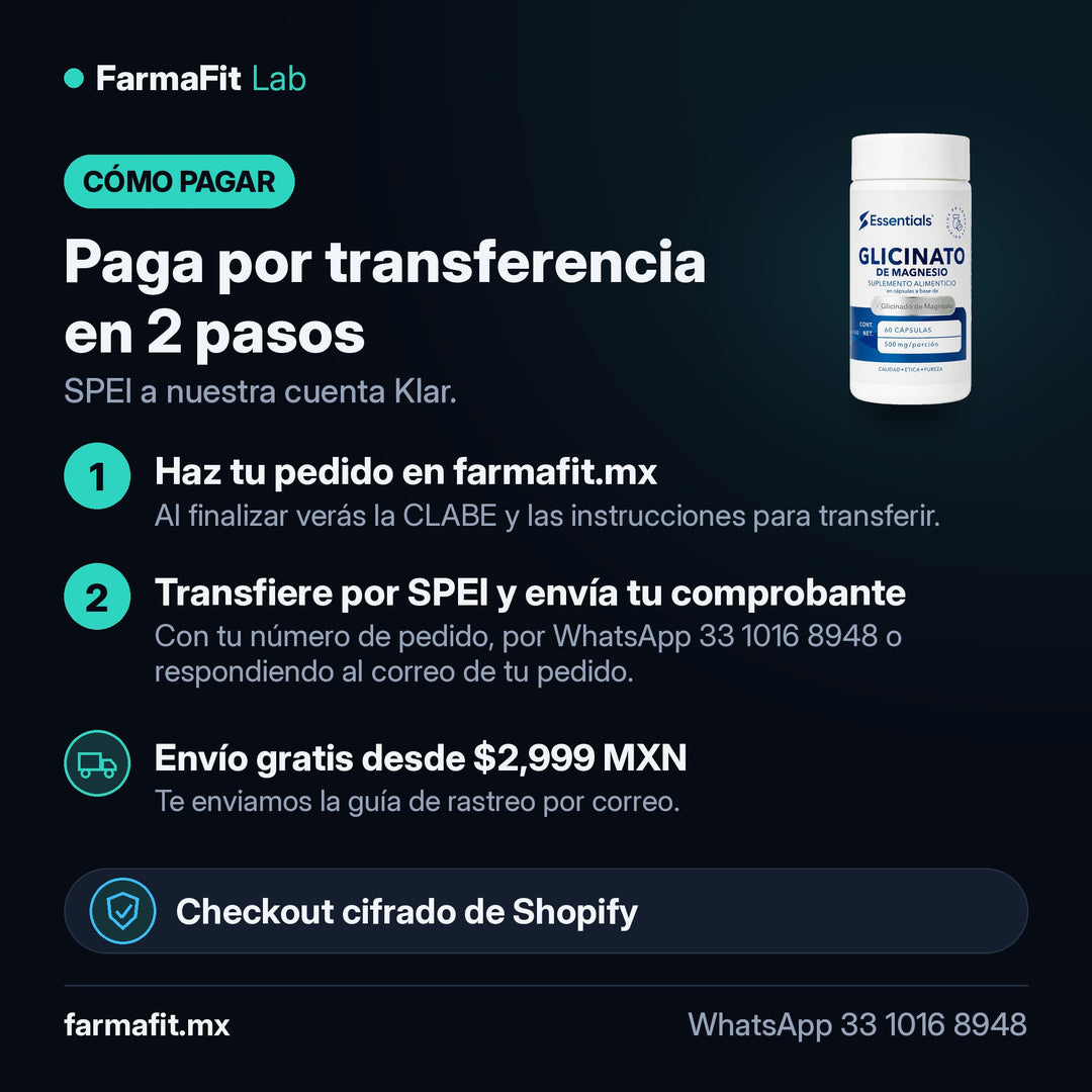 Cómo pagar por transferencia SPEI: Glicinato de Magnesio 500mg 60 Cápsulas - ESSENTIALS – FarmaFit