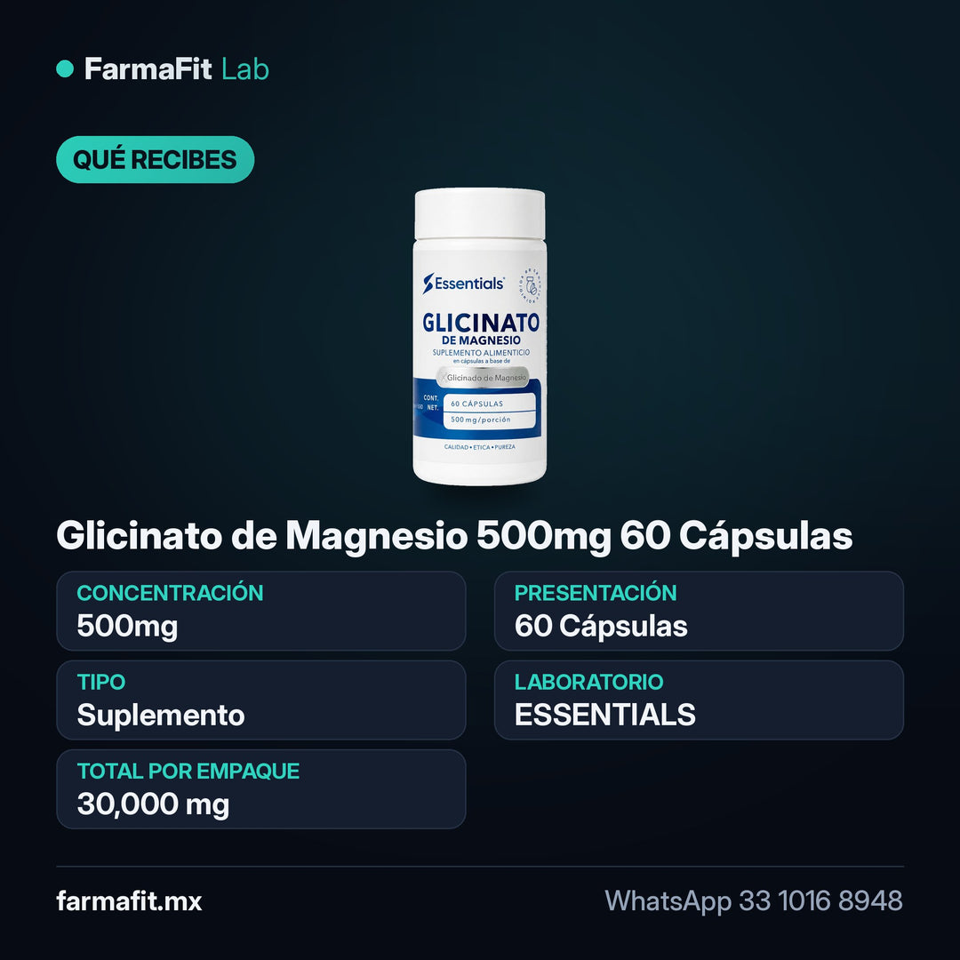 Qué recibes: Glicinato de Magnesio 500mg 60 Cápsulas - ESSENTIALS
