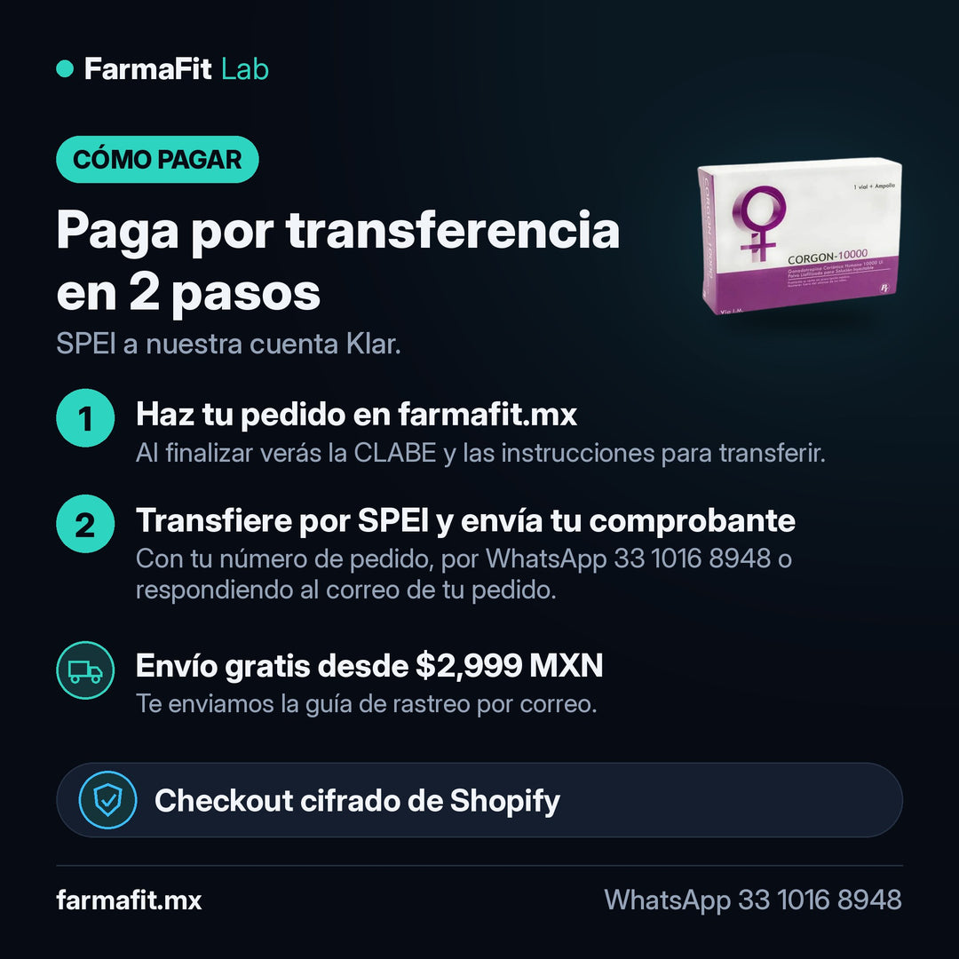 Cómo pagar por transferencia SPEI: HCG Gonadotropina 10000UI CORGON - PHARMATECH PCT – FarmaFit