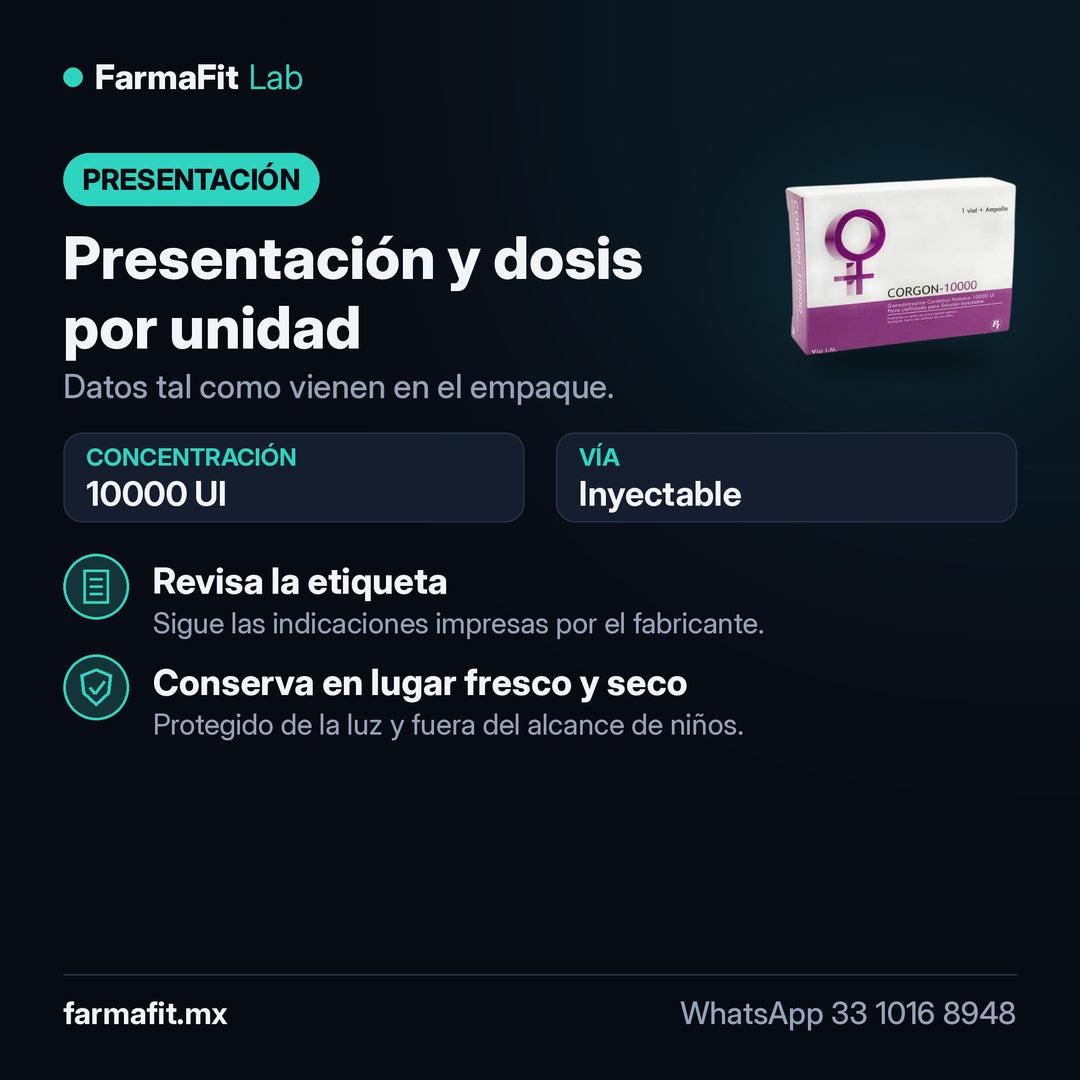 Presentación y dosis por unidad: HCG Gonadotropina 10000UI CORGON - PHARMATECH PCT