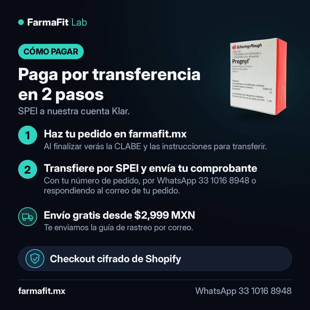 Cómo pagar por transferencia SPEI: HCG Gonadotropina 5000UI Pregnyl - SCHERING-PLOUGH 1ml – FarmaFit