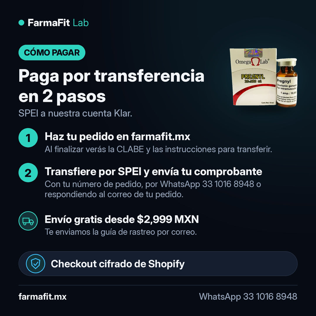 Cómo pagar por transferencia SPEI: HCG Gonadotropina Coriónica 10,000 UI Pregnyl Vial liofilizado - OMEGA LAB – FarmaFit