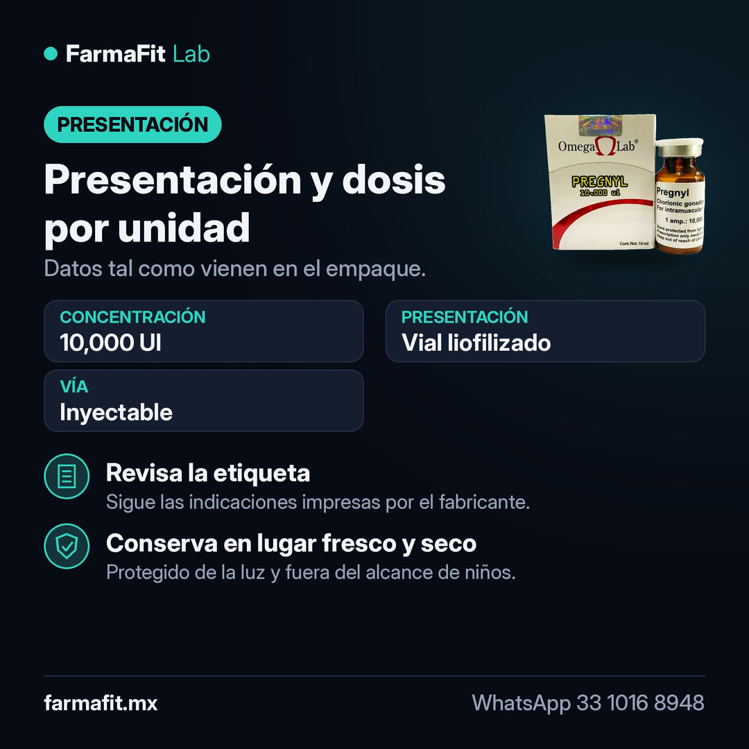 Presentación y dosis por unidad: HCG Gonadotropina Coriónica 10,000 UI Pregnyl Vial liofilizado - OMEGA LAB
