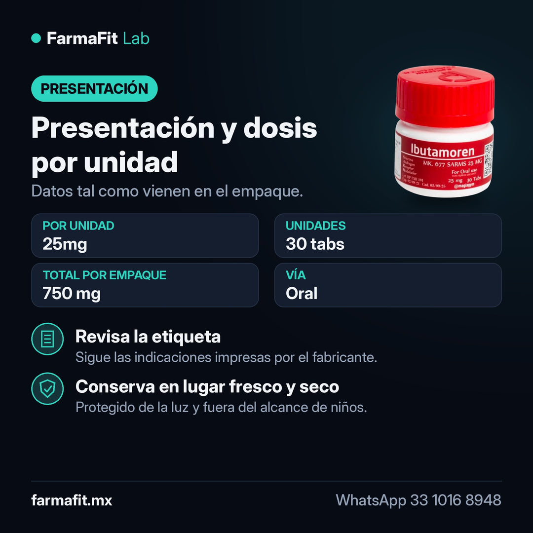 Presentación y dosis por unidad: Ibutamoren MK-677 25mg 30 Tabs Secretagogo GH - ROTTERDAM PHARMACEUTICAL