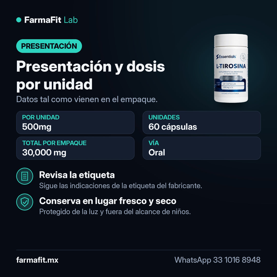 Presentación y dosis por unidad: L-Tirosina 500mg 60 Cápsulas - ESSENTIALS