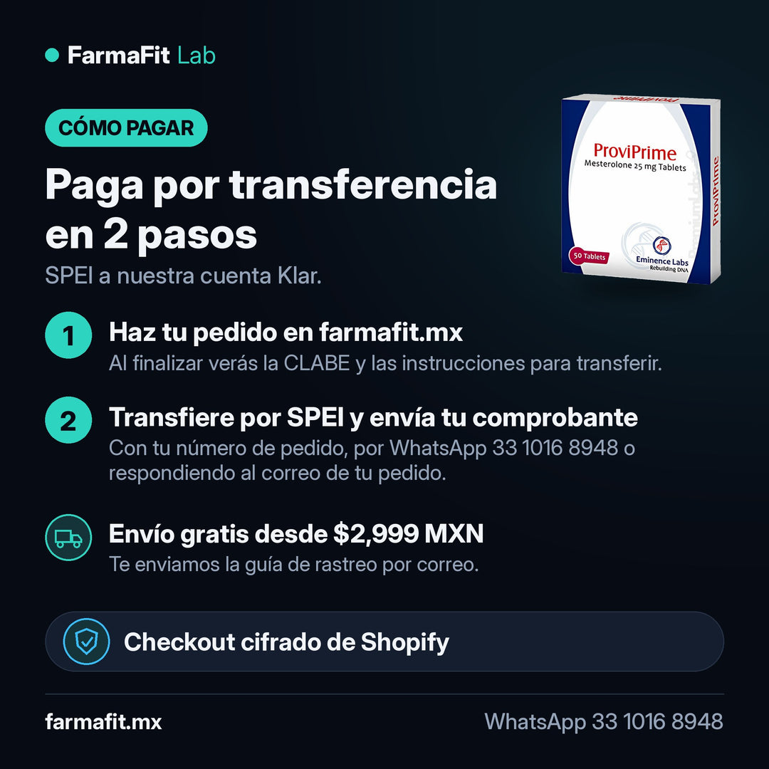 Cómo pagar por transferencia SPEI: Mesterolona 25 mg ProviPrime 50 Tabletas - EMINENCE LABS – FarmaFit