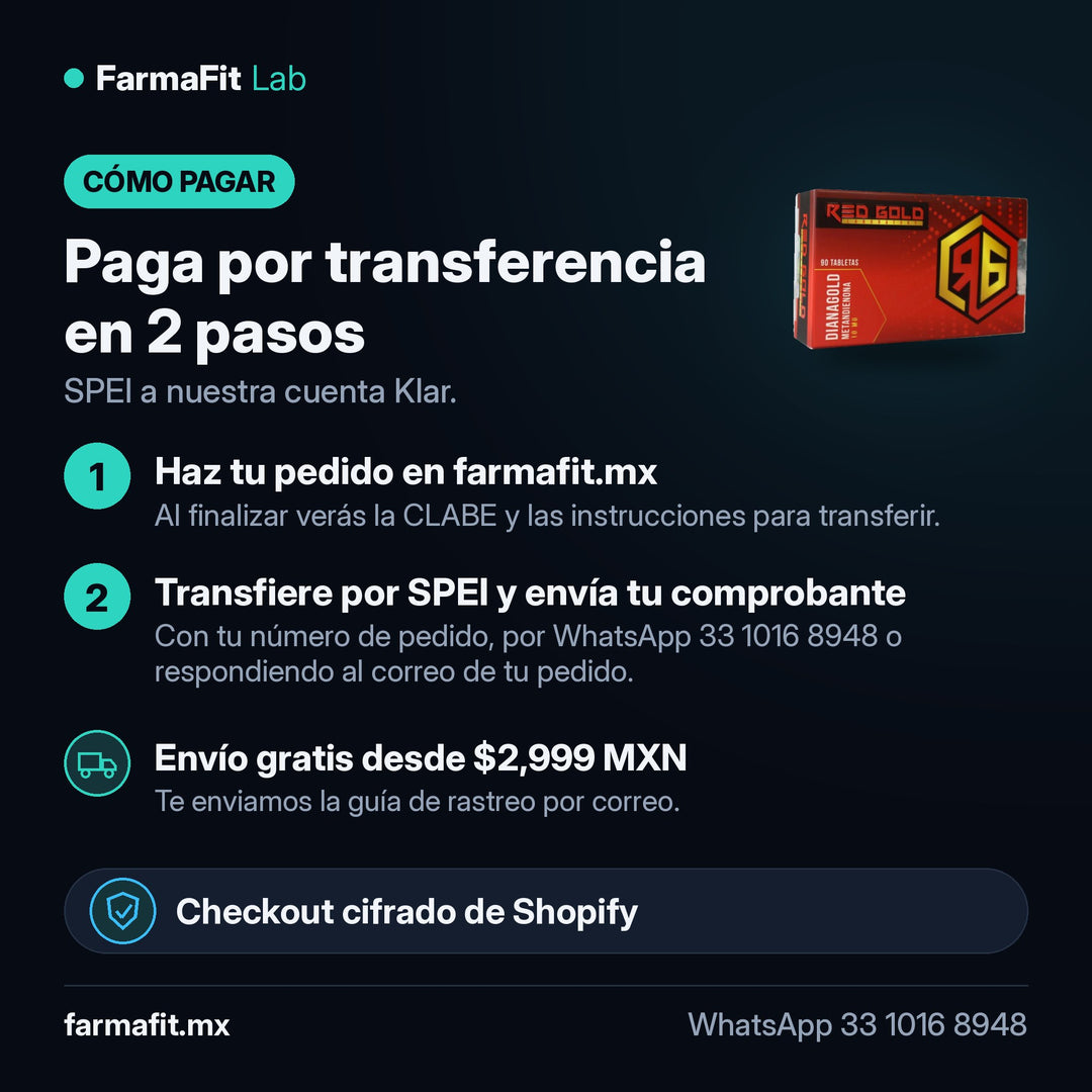 Cómo pagar por transferencia SPEI: Metandienona 10 mg Dianagold 90 Tabletas - RED GOLD – FarmaFit