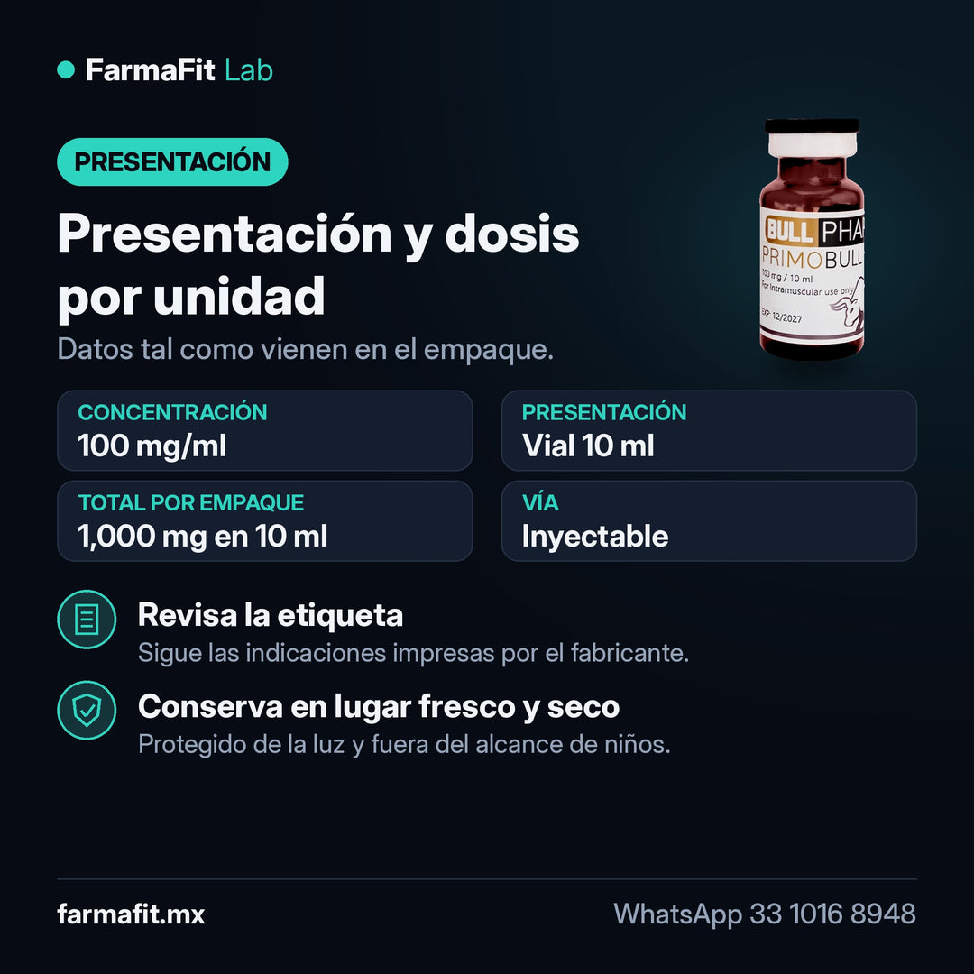 Presentación y dosis por unidad: Metenolona Enantato 100 mg/ml Primobull Vial 10 ml - BULL PHARMA