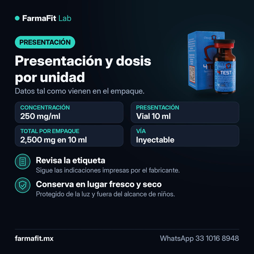 Presentación y dosis por unidad: Mezcla de 4 ésteres de Testosterona 250 mg/ml 4 Test Vial 10 ml - OMEGA LAB