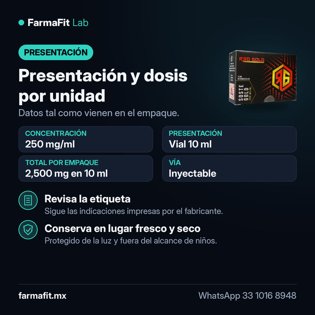 Presentación y dosis por unidad: Mezcla de 4 ésteres de Testosterona 250 mg/ml Soste Gold Vial 10 ml - RED GOLD