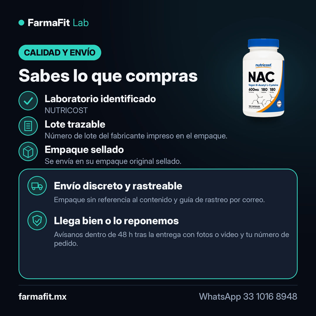 Calidad y envío: NAC N-Acetil Cisteína 600mg 180 Cápsulas - NUTRICOST – FarmaFit