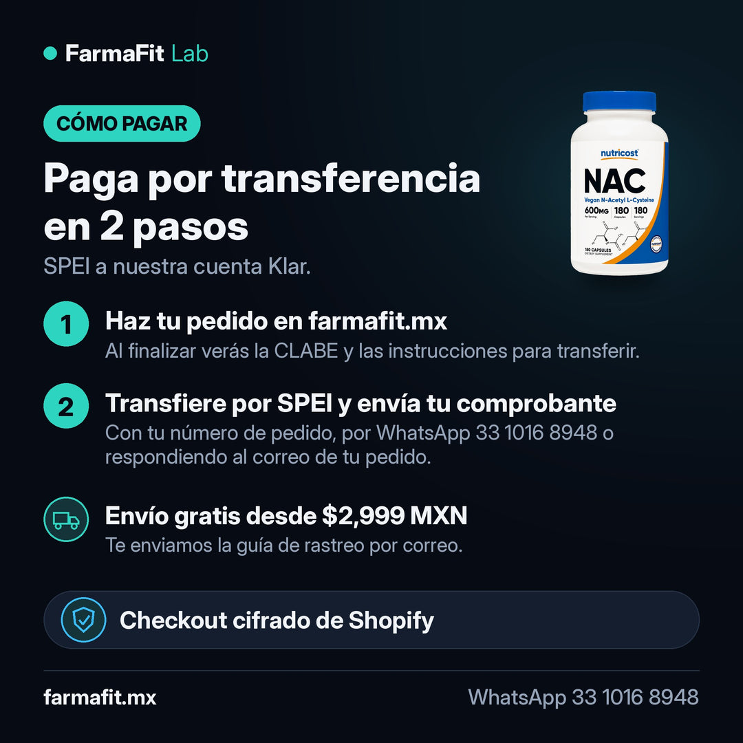 Cómo pagar por transferencia SPEI: NAC N-Acetil Cisteína 600mg 180 Cápsulas - NUTRICOST – FarmaFit