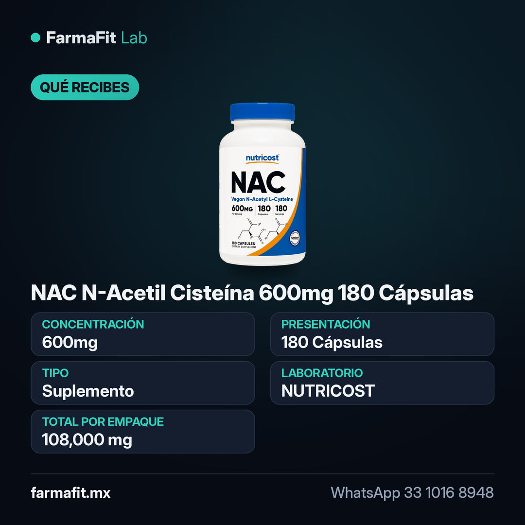 Qué recibes: NAC N-Acetil Cisteína 600mg 180 Cápsulas - NUTRICOST