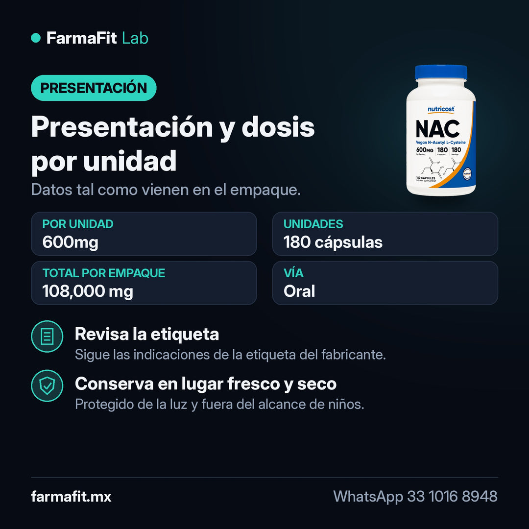 Presentación y dosis por unidad: NAC N-Acetil Cisteína 600mg 180 Cápsulas - NUTRICOST
