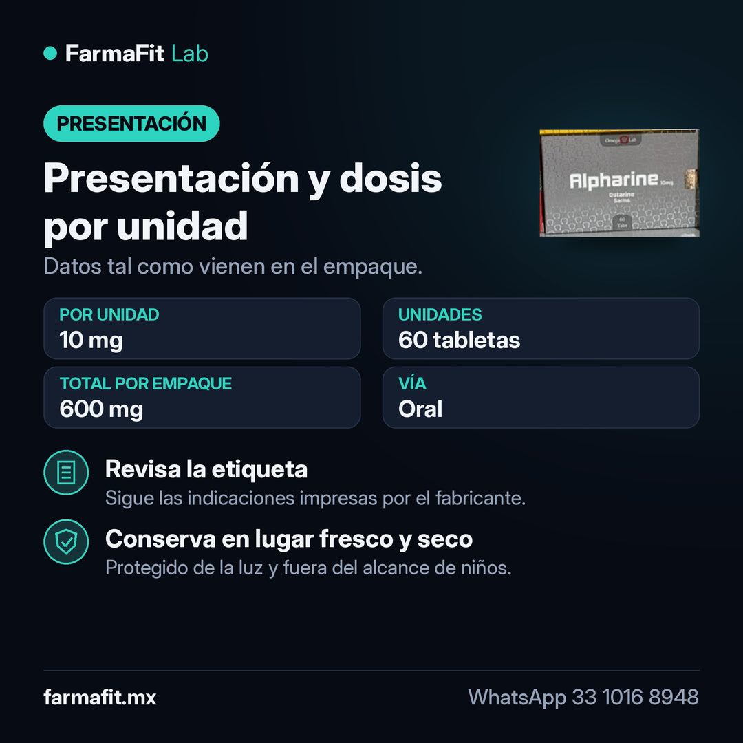 Presentación y dosis por unidad: Ostarina (MK-2866) 10 mg Alpharine 60 Tabletas - OMEGA LAB