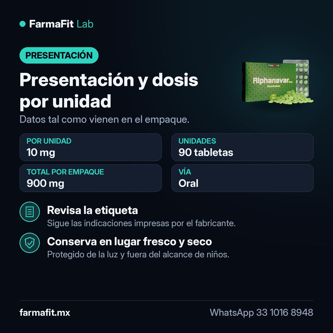 Presentación y dosis por unidad: Oxandrolona 10 mg Alphanavar 90 Tabletas - OMEGA LAB