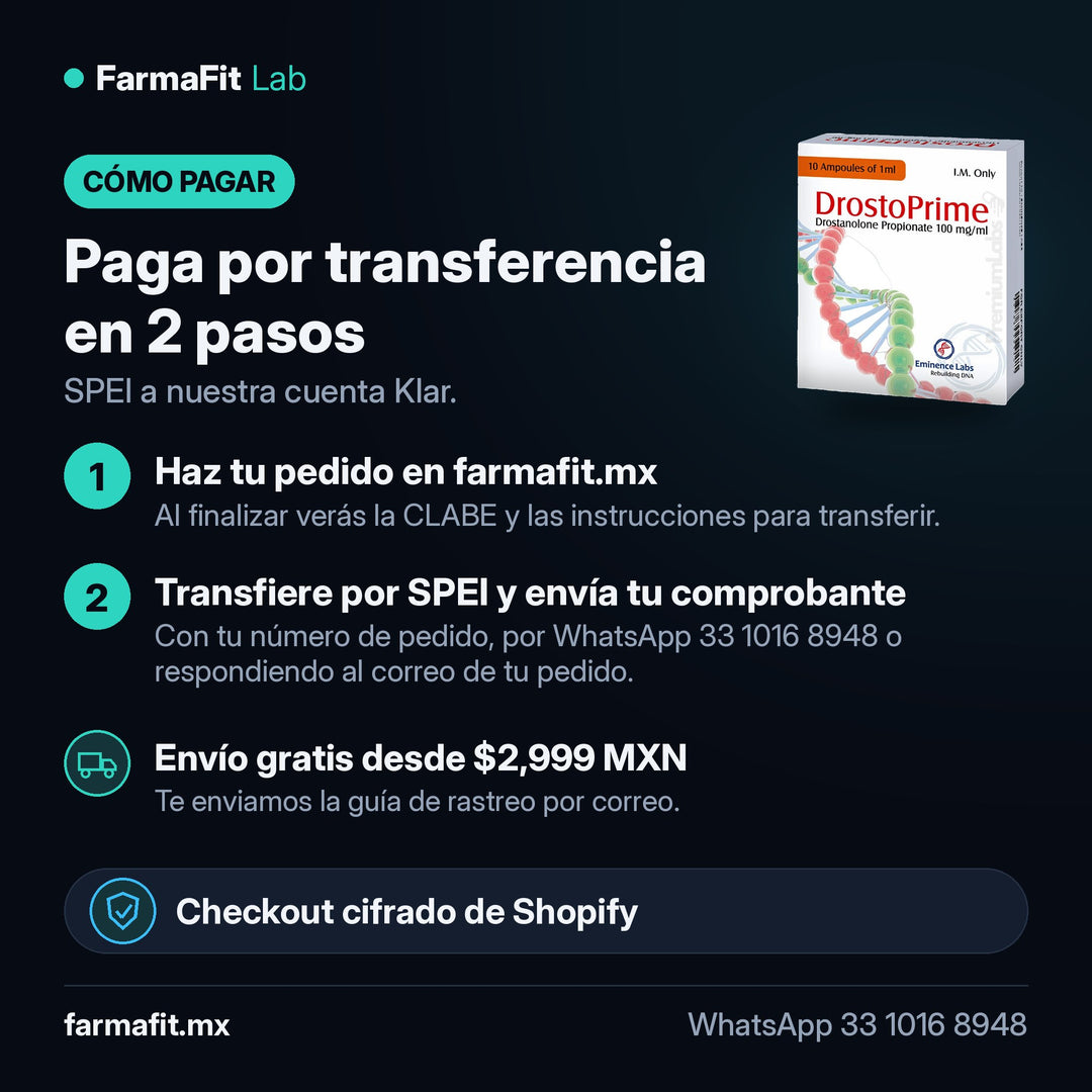 Cómo pagar por transferencia SPEI: Propionato de Drostanolona 100 mg/ml DrostoPrime 10 Ampolletas de 1 ml - EMINENCE LABS – FarmaFit
