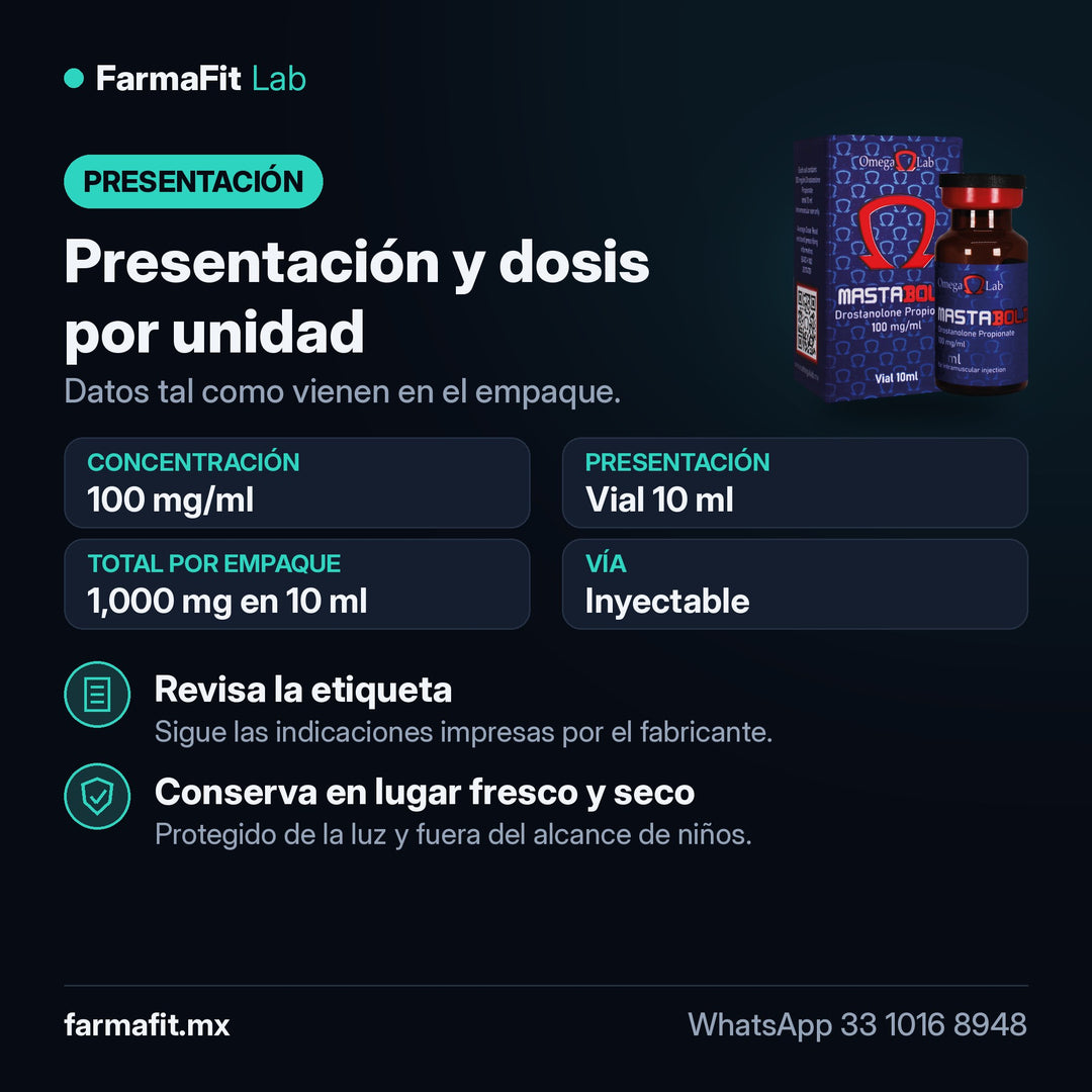 Presentación y dosis por unidad: Propionato de Drostanolona 100 mg/ml Mastabold Vial 10 ml - OMEGA LAB