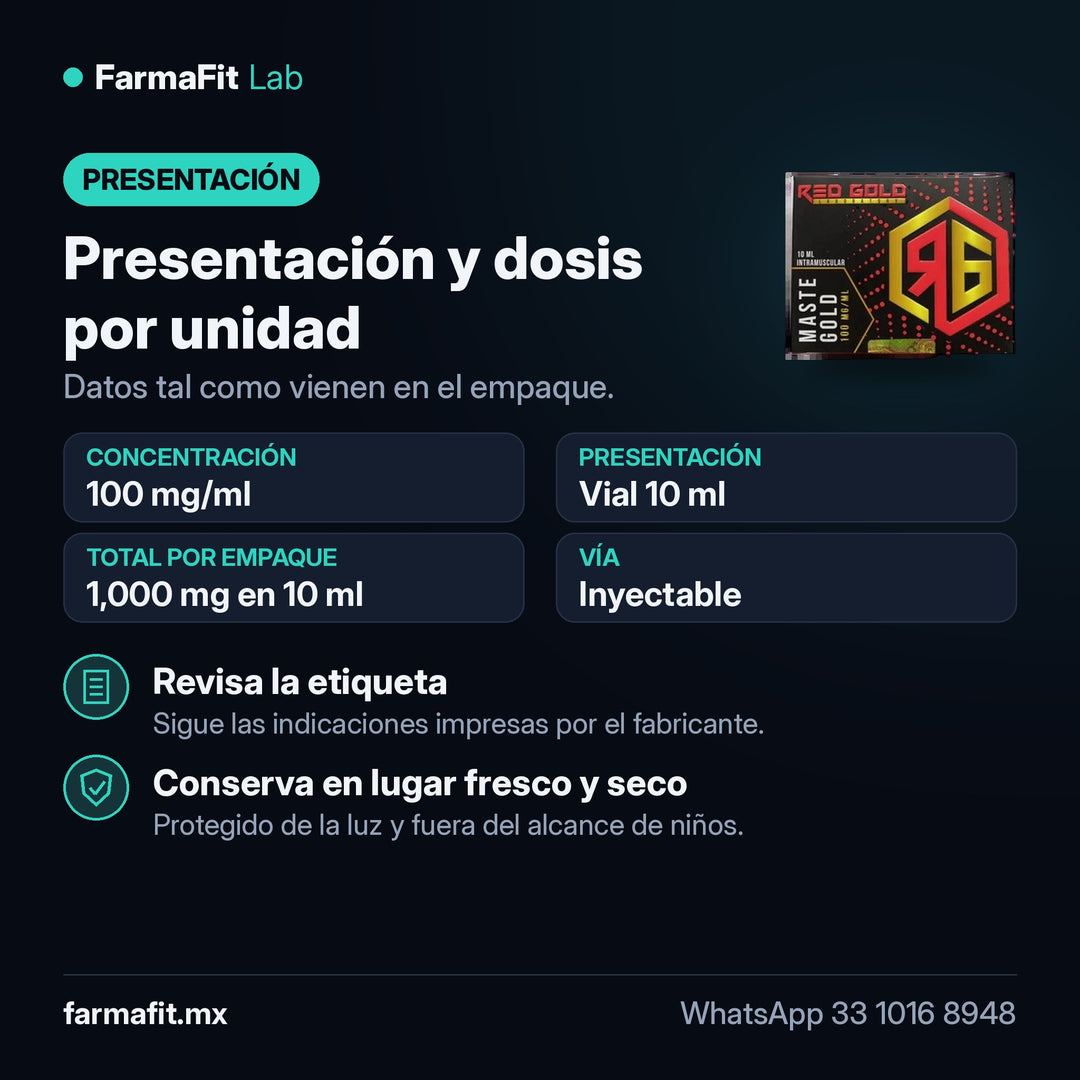 Presentación y dosis por unidad: Propionato de Drostanolona 100 mg/ml Maste Gold Vial 10 ml - RED GOLD