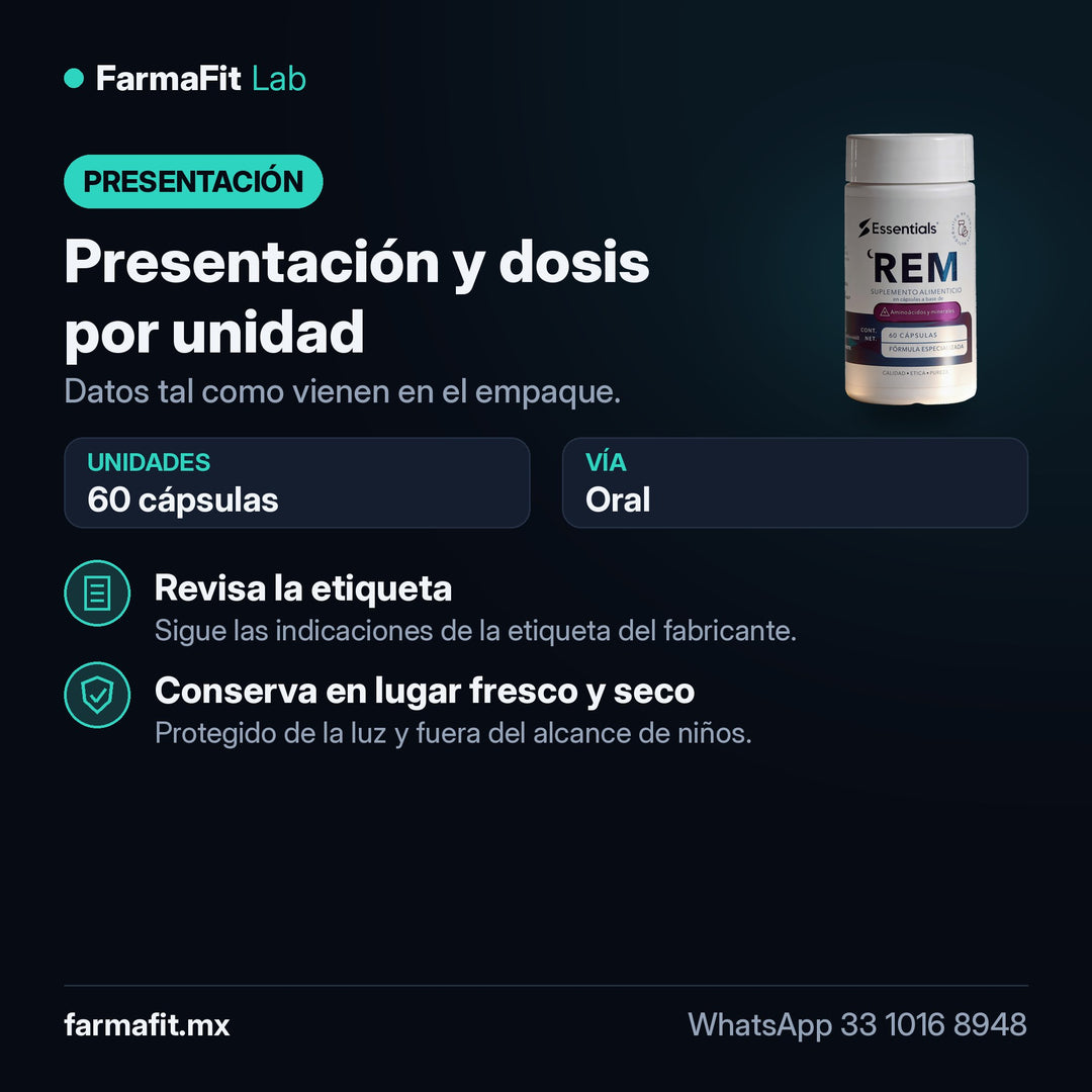 Presentación y dosis por unidad: REM Melatonina + Magnesio + L-Teanina 60 Cápsulas - ESSENTIALS