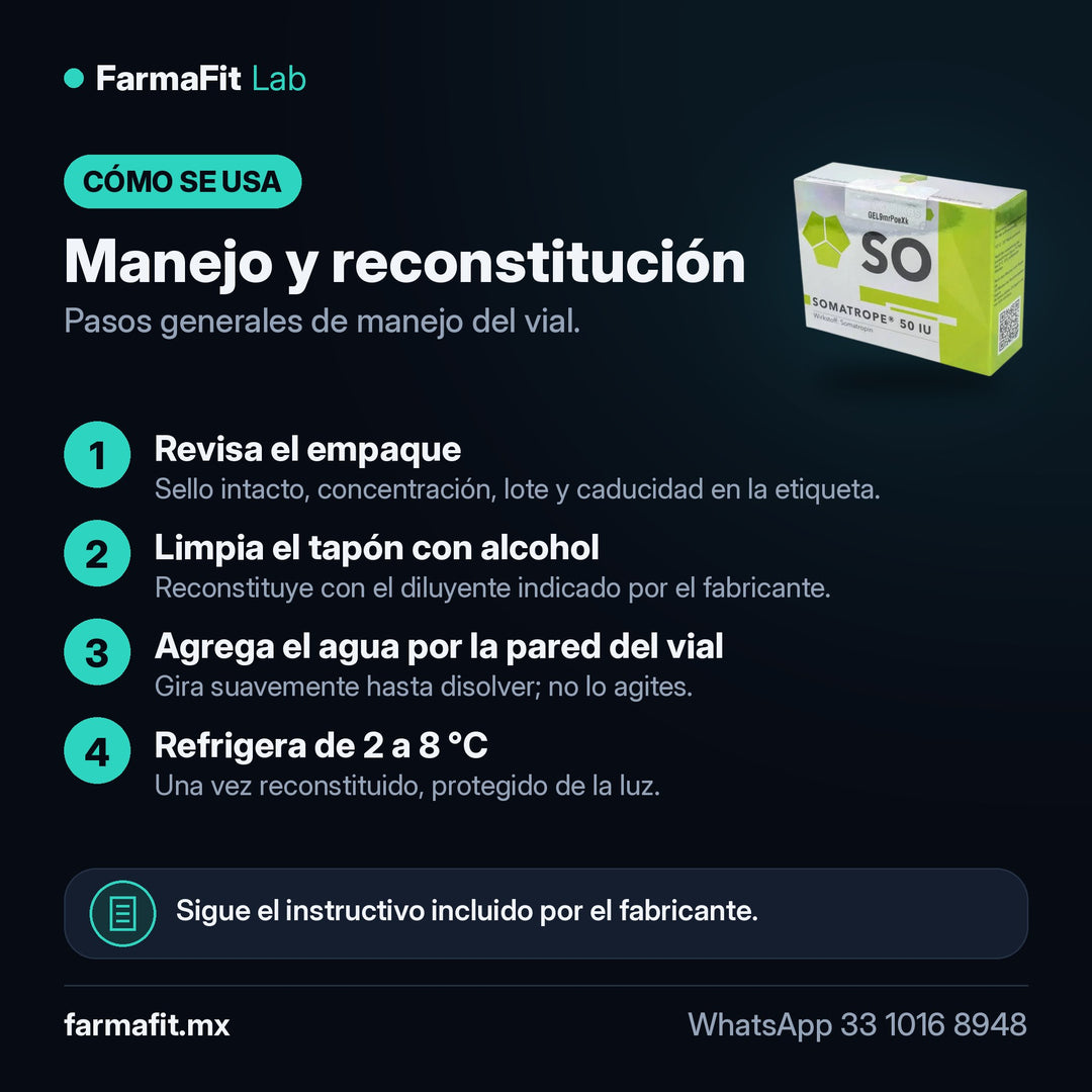 Manejo y reconstitución: Somatrope Somatropina 50 UI HGH Vial - GERMAN LABS