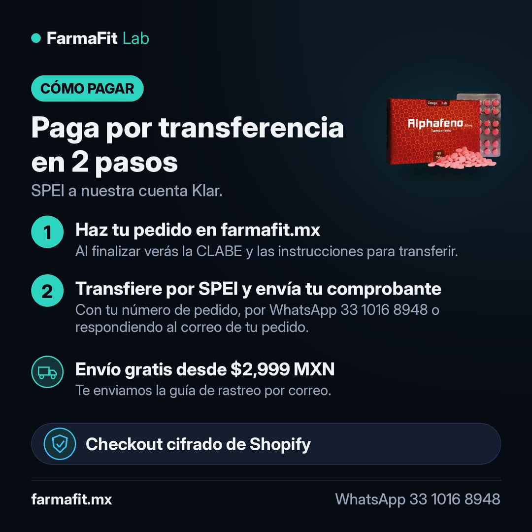 Cómo pagar por transferencia SPEI: Tamoxifeno 20 mg Alphafeno 30 Tabletas - OMEGA LAB – FarmaFit