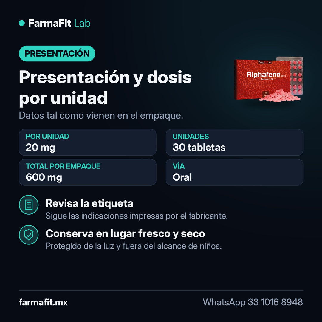 Presentación y dosis por unidad: Tamoxifeno 20 mg Alphafeno 30 Tabletas - OMEGA LAB