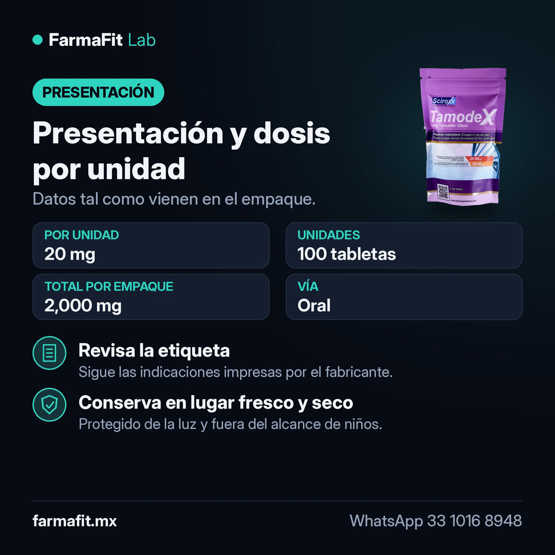 Presentación y dosis por unidad: Tamoxifeno 20 mg Tamodex 100 Tabletas - SCIROXX