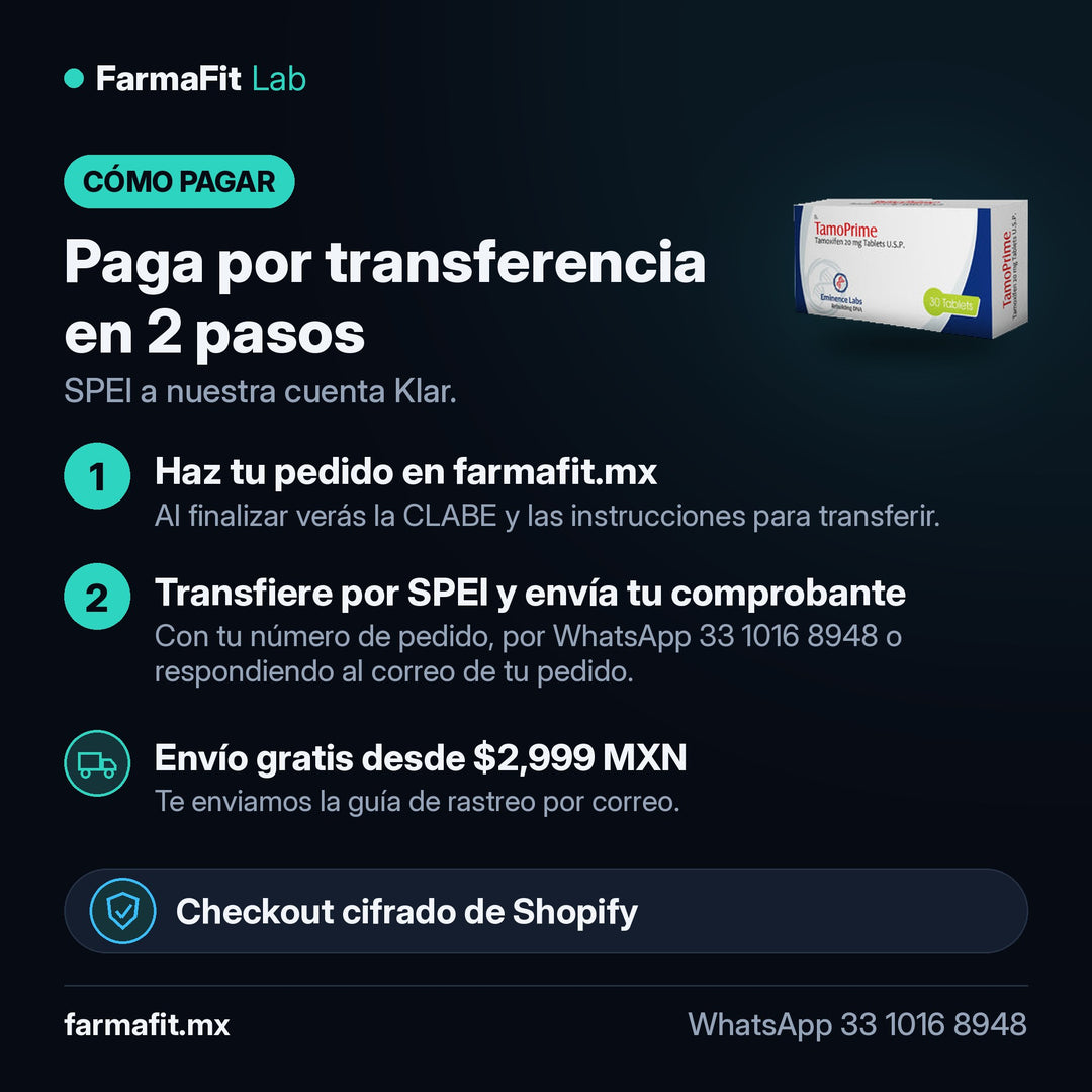 Cómo pagar por transferencia SPEI: Tamoxifeno 20 mg TamoPrime 30 Tabletas - EMINENCE LABS – FarmaFit