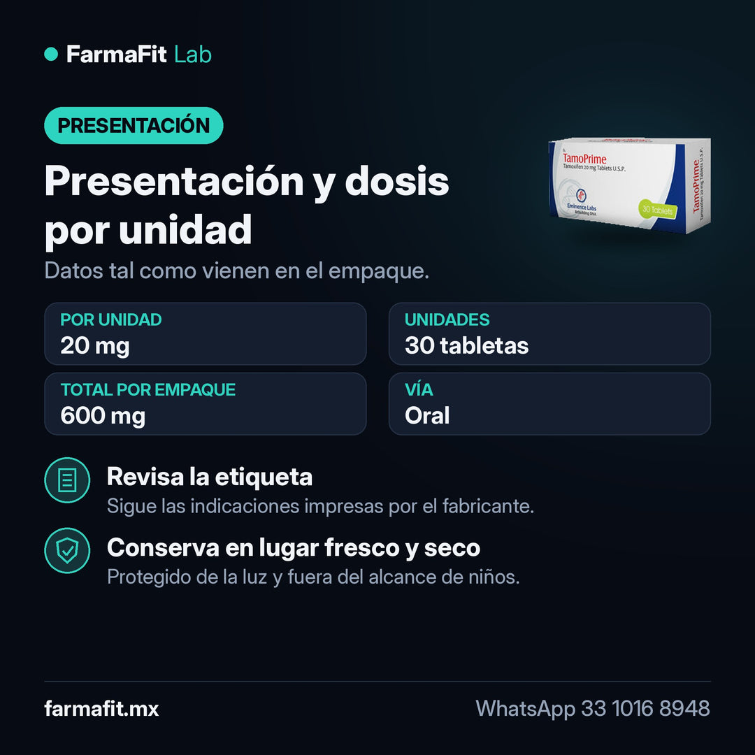 Presentación y dosis por unidad: Tamoxifeno 20 mg TamoPrime 30 Tabletas - EMINENCE LABS