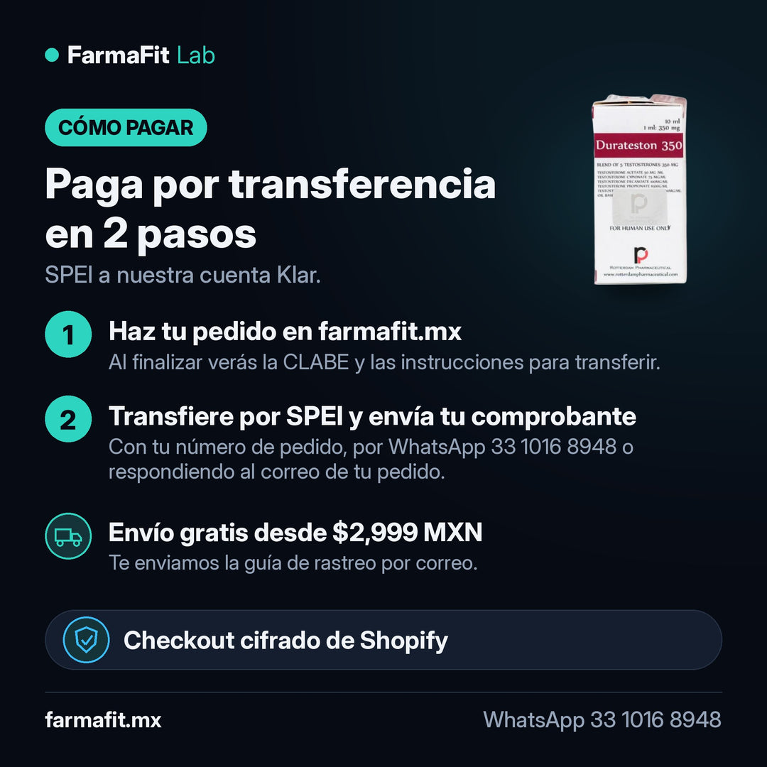 Cómo pagar por transferencia SPEI: Testosterona 350mg Durateston 5 Ésteres Vial 10ml - ROTTERDAM PHARMACEUTICAL – FarmaFit